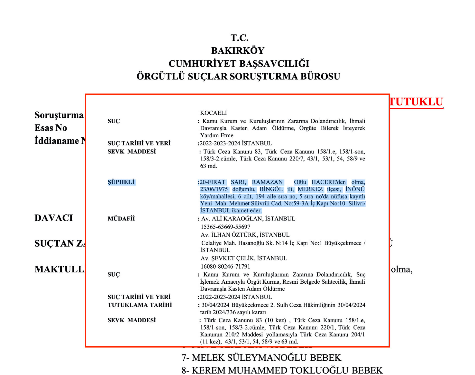 yenidoğan çetesi iddianame silivri kolan