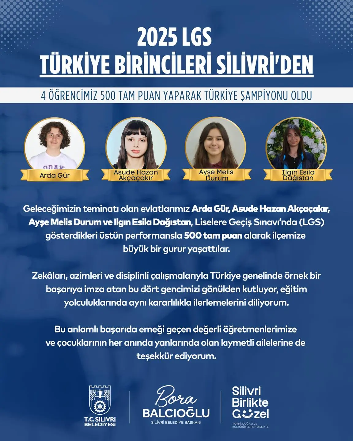 SİLİVRİ'DEN 4 TÜRKİYE BİRİNCİSİ BİRDEN Arda Gür, Asude Hazan Akçaçakır, Ayşe Melis Durum, Ilgın Esila Dağıstan