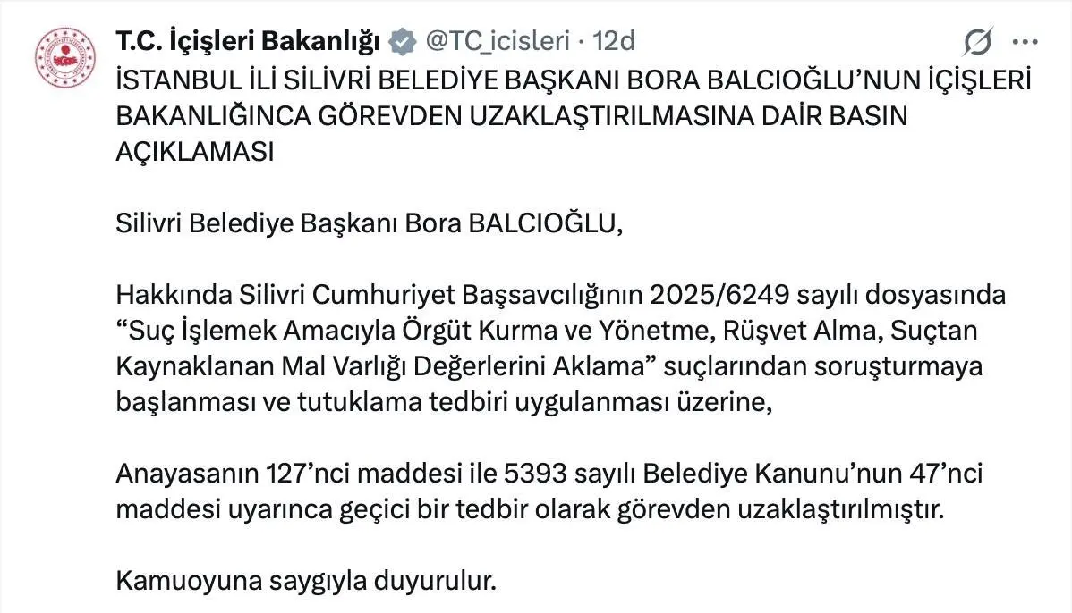 Tutuklanan CHP'li Silivri Belediye Başkanı Bora Balcıoğlu, İçişleri Bakanlığı'nca görevden uzaklaştırıldı.