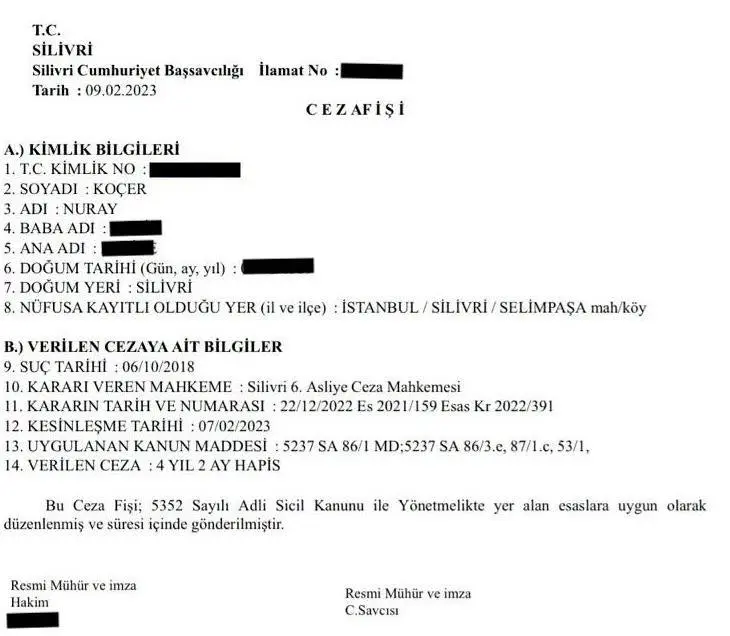 nuray koçer silivri hapis cezası sabıka