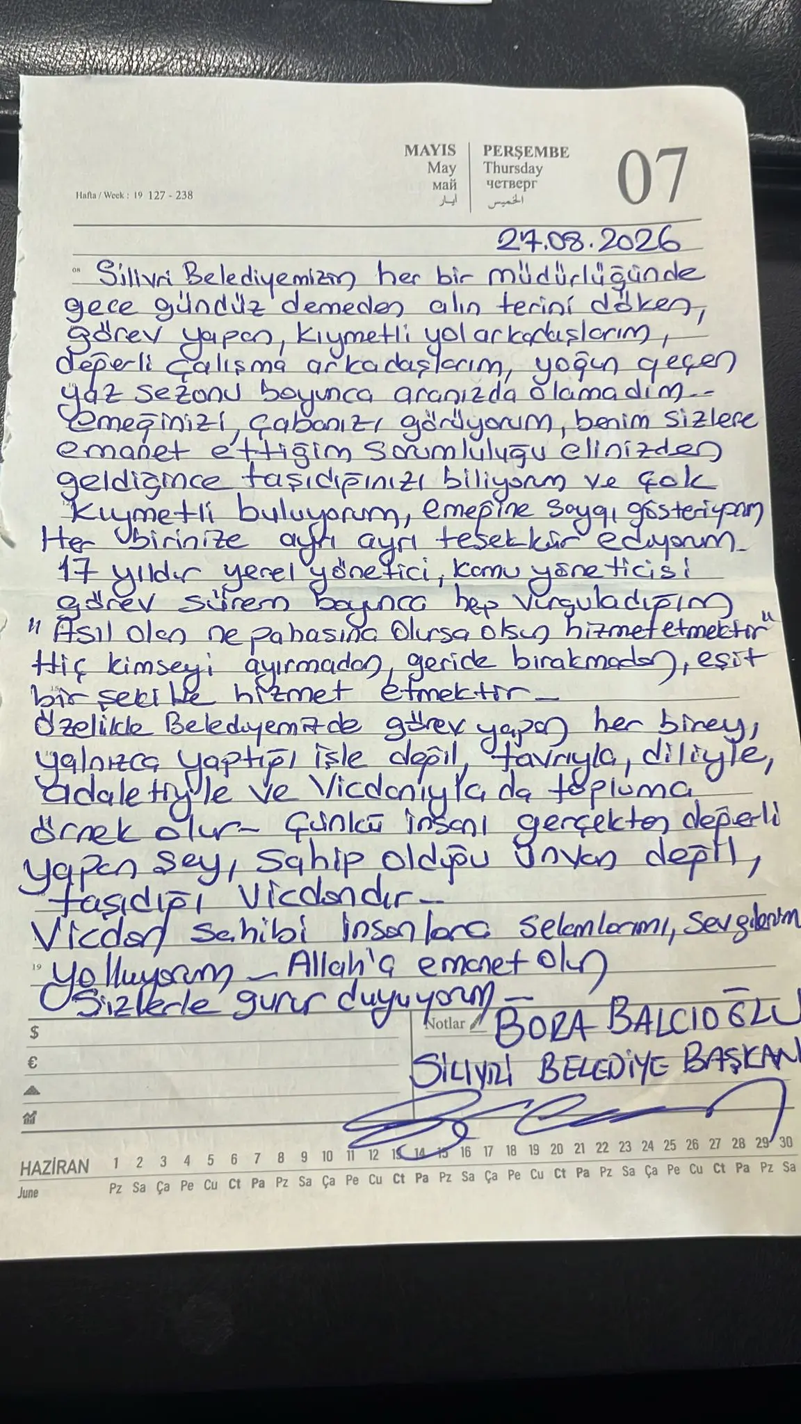 BAŞKAN BALCIOĞLU'NDAN BELEDİYE PERSONELİNE MEKTUP Bora Balcıoğlu mektup
