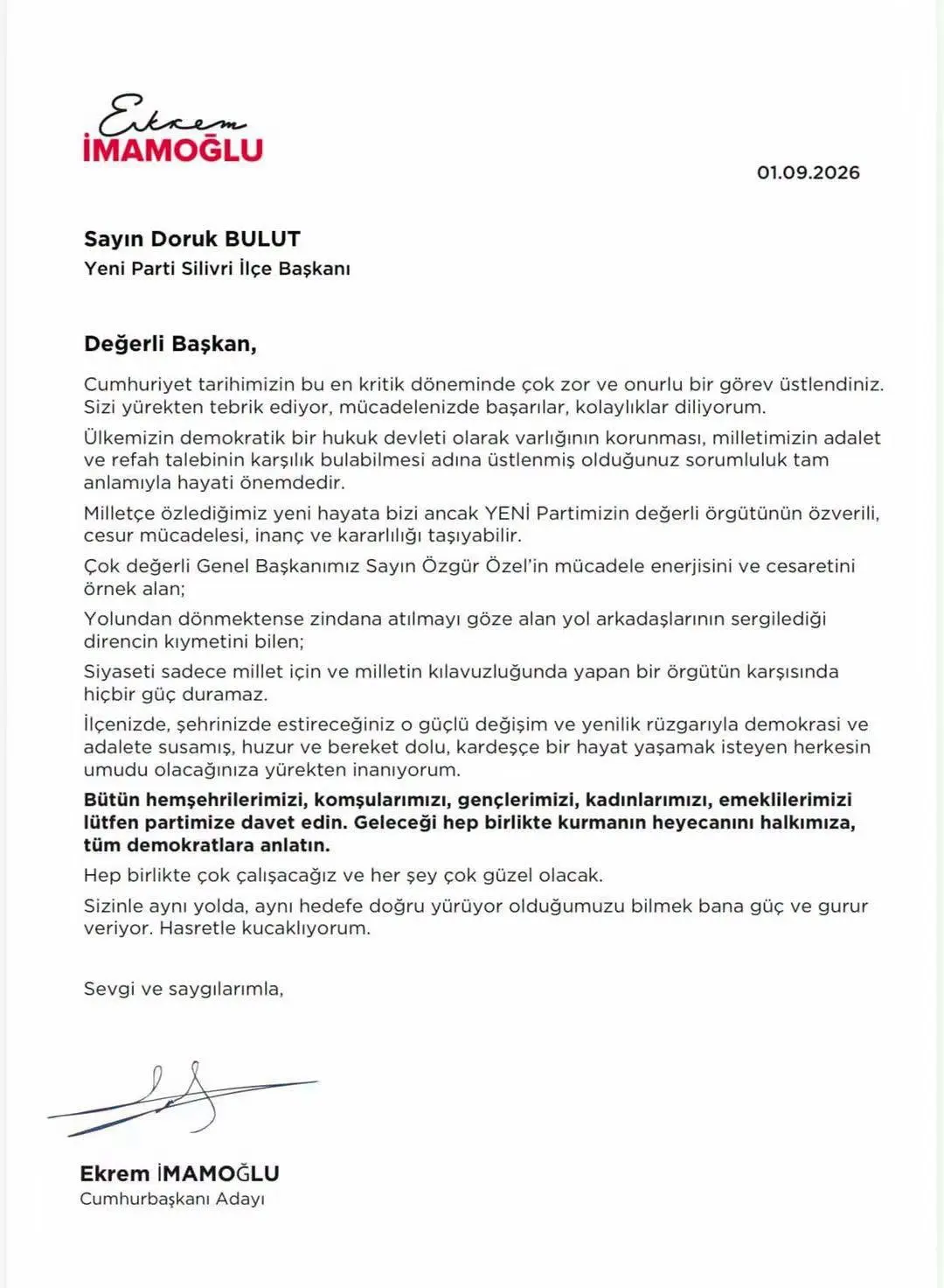 İMAMOĞLU'NDAN SİLİVRİ YENİ PARTİ'YE MEKTUP ekrem imamoğlu doruk bulut